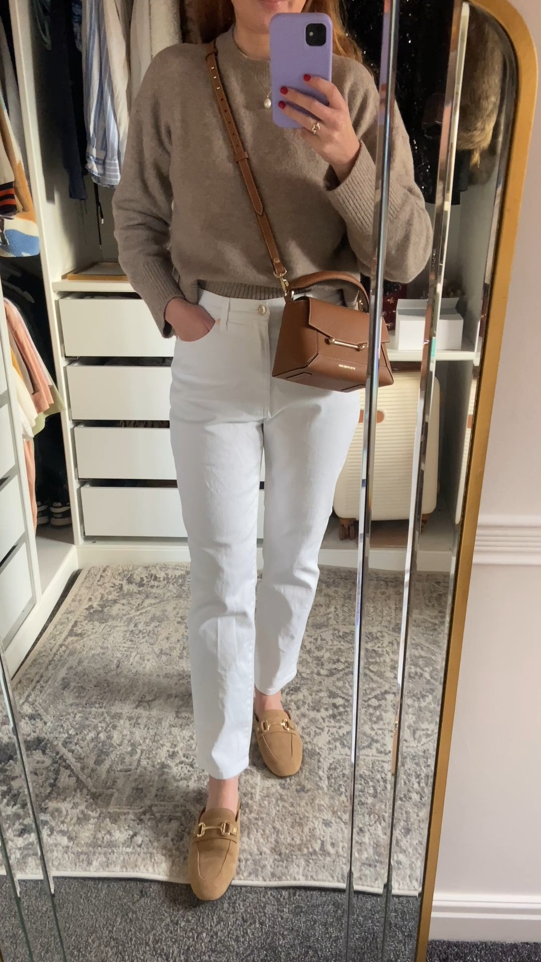Loving this Summer to Autumn Transition Outfit: white jeans, mole beige & Other Stories jumper, suede loafers, and my trusty tan crossbody. Perfect mix of comfy & polished for those crisper autumn evenings! 🤎 

 #LTKuk #LTKautumn #LTKdatenight