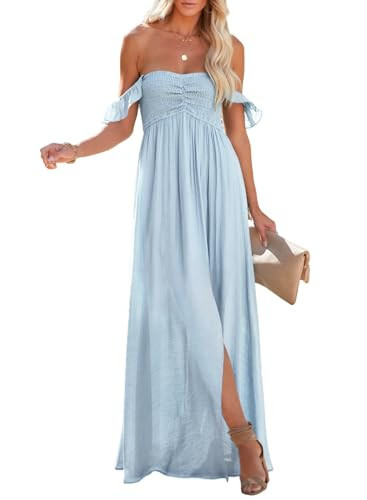 Happy Sailed Off The Shoulder Dresses for Women Summer Casual Strapless A Line Swing Sundress Smocked Maxi Long Dress with Slit Sky Blue Large | Amazon (US)