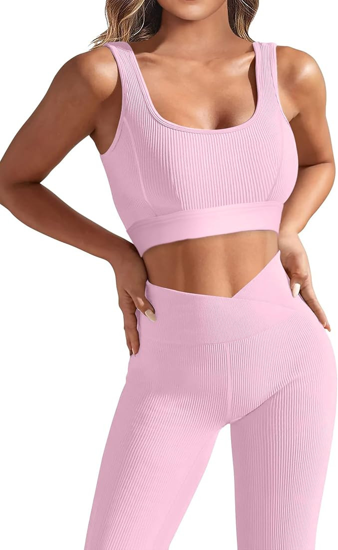 LAOARA Workout 2 Piece Outfit for Women Casual Ribbed Knitted Crop Tank Top High Waist Gym Leggin... | Amazon (US)
