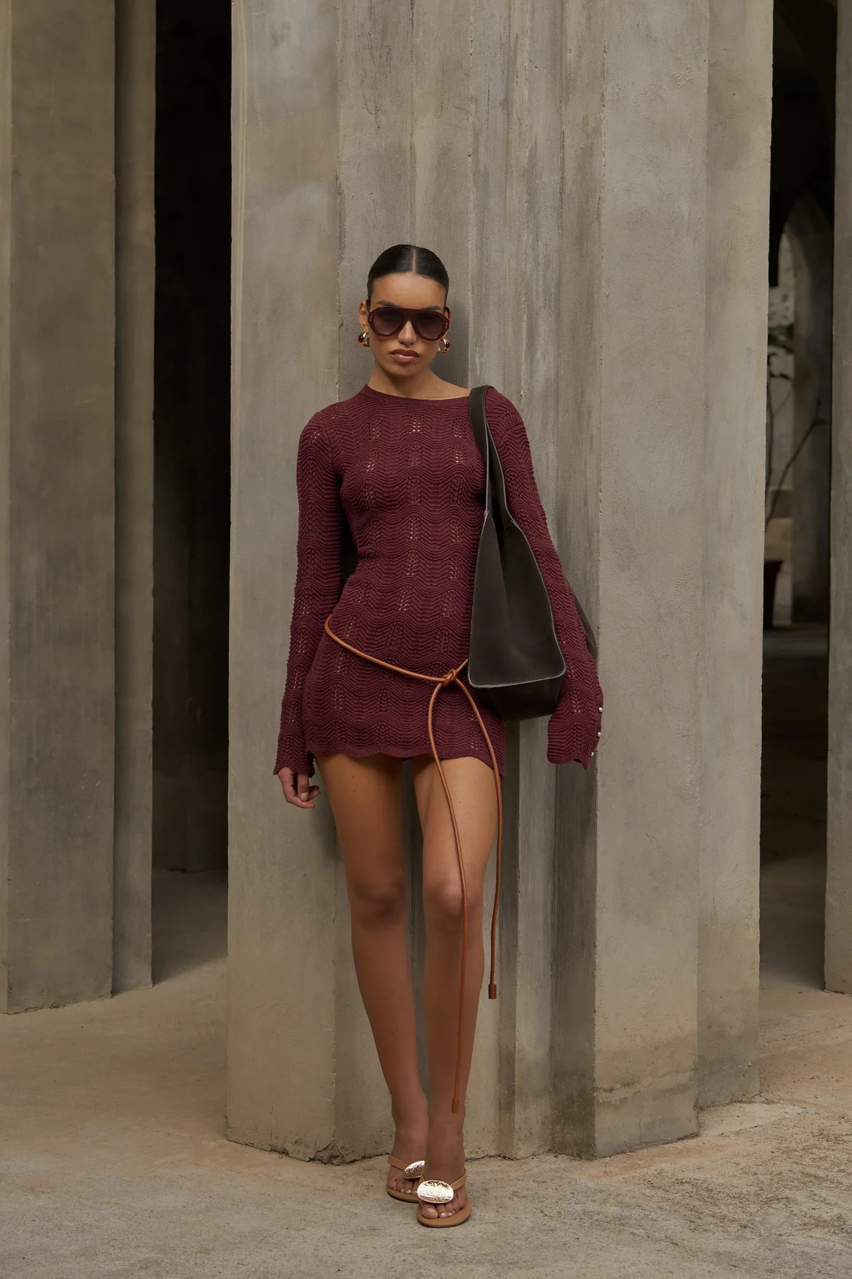 SCALLOP EDGE KNITTED MINI DRESS - BURGUNDY | The Couture Club