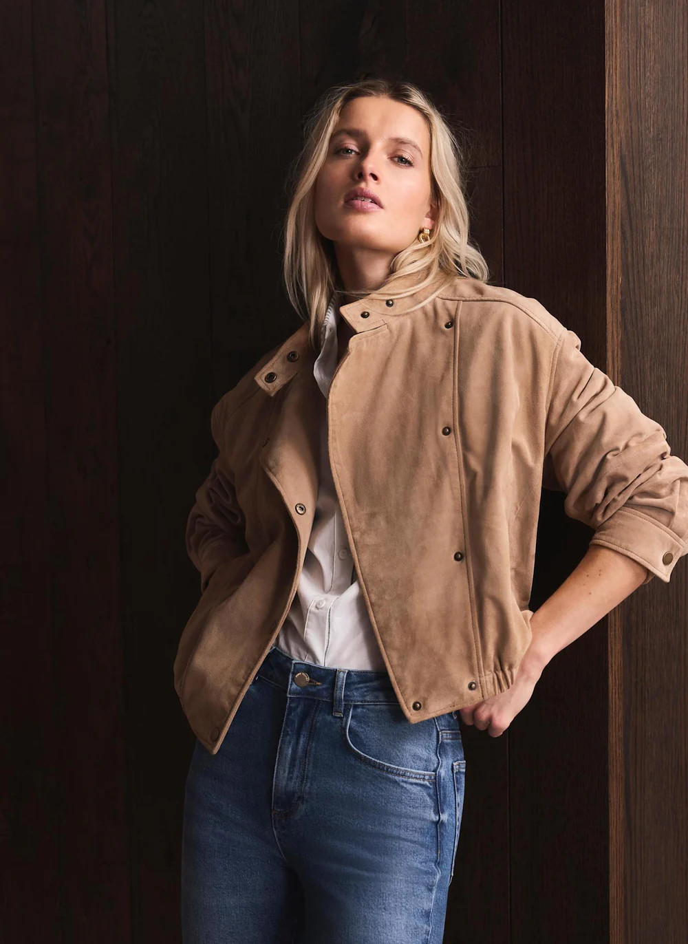Neutral Suede Cropped Pilot Bomber Jacket | Mint Velvet