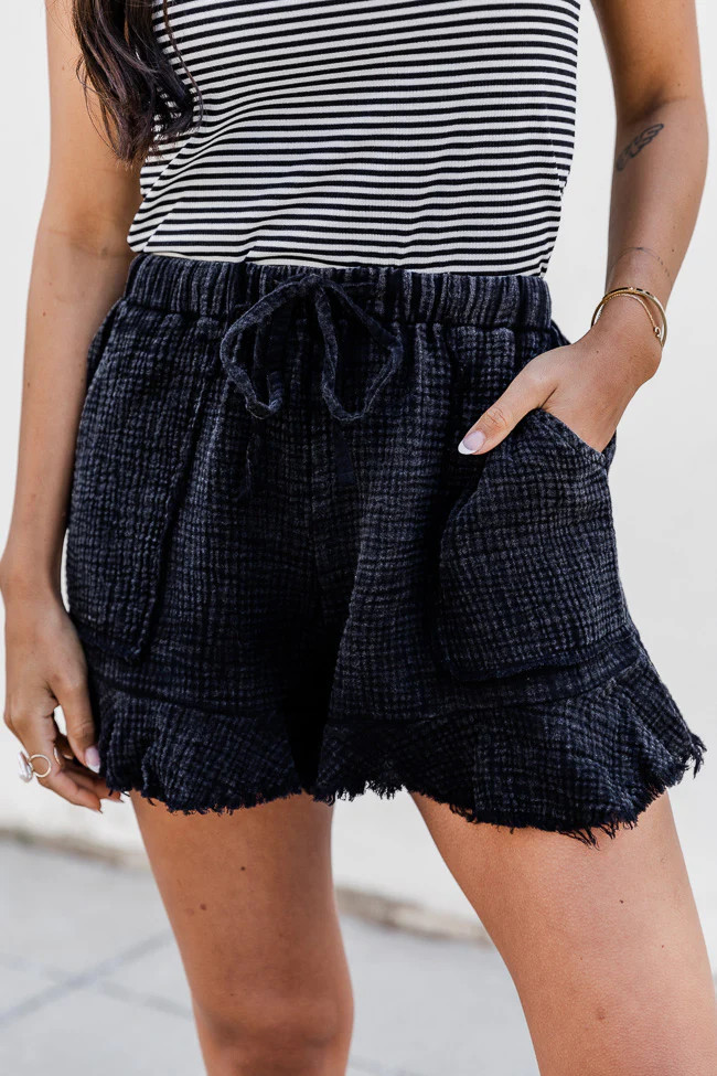 Ready To Go Black Acid Wash Gauze Ruffle Hem Pull On Shorts SALE | Pink Lily
