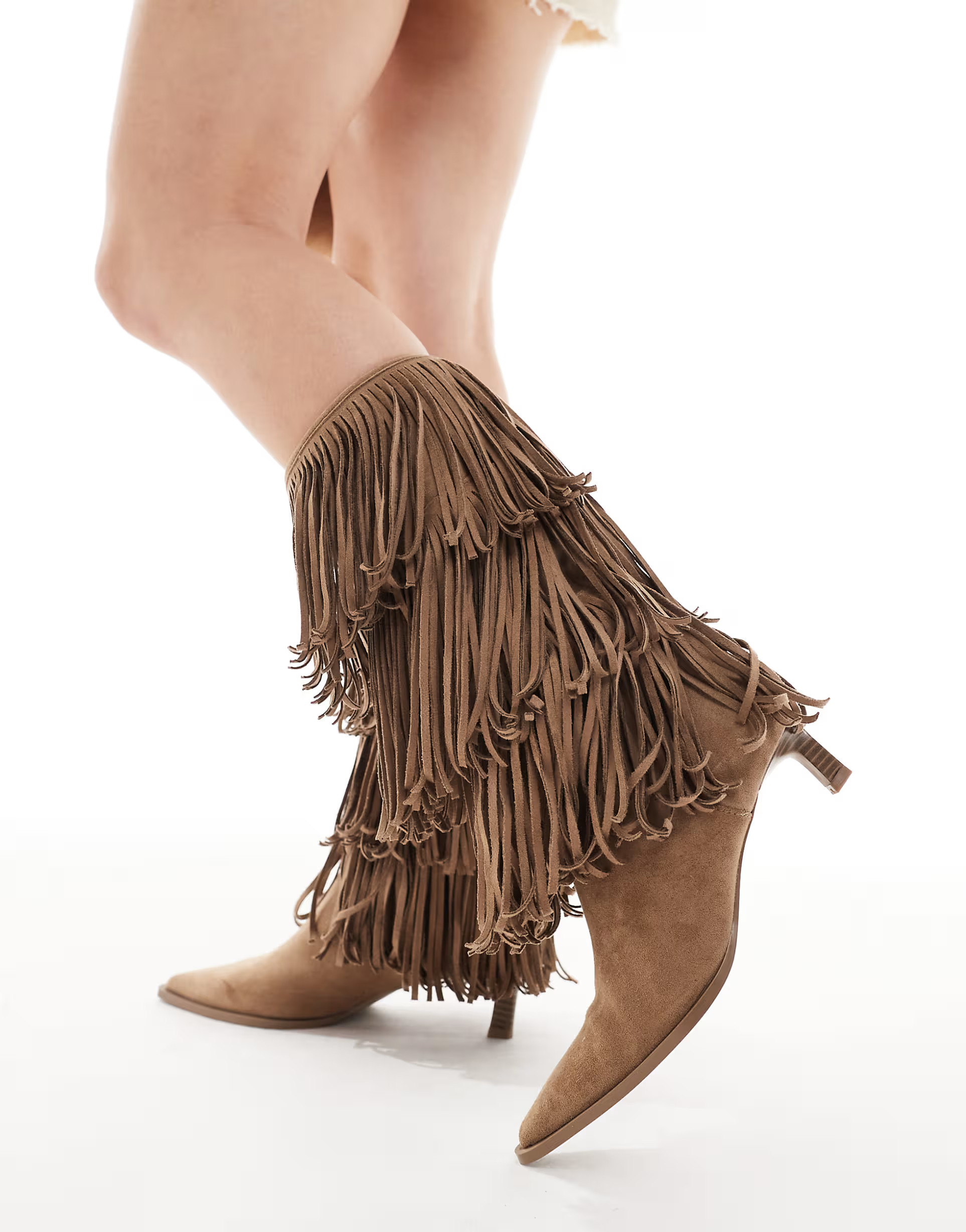 Bershka kitten heel boots with fringing in tan | ASOS (Global)