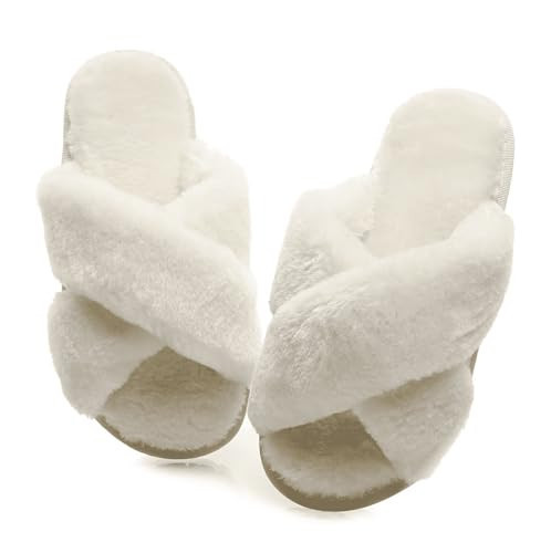 Crazy Lady Women's Fuzzy Fluffy House Slippers Cute Plush Memory Foam Shoes Cross Band Indoor Outdoor Open Toe Sandals(06/White, 5.5-6.5) | Amazon (US)