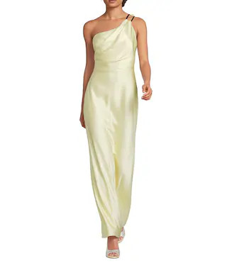Camila Stretch Satin Asymmetrical Neckline Sleeveless Long Dress | Dillard's