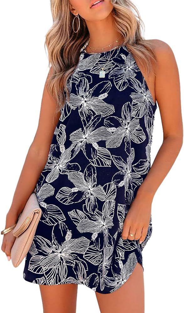 XCHQRTI Womens Halter Floral Printed Sleeveless Beach Mini Casual Dresses Summer Short Sundress | Amazon (US)