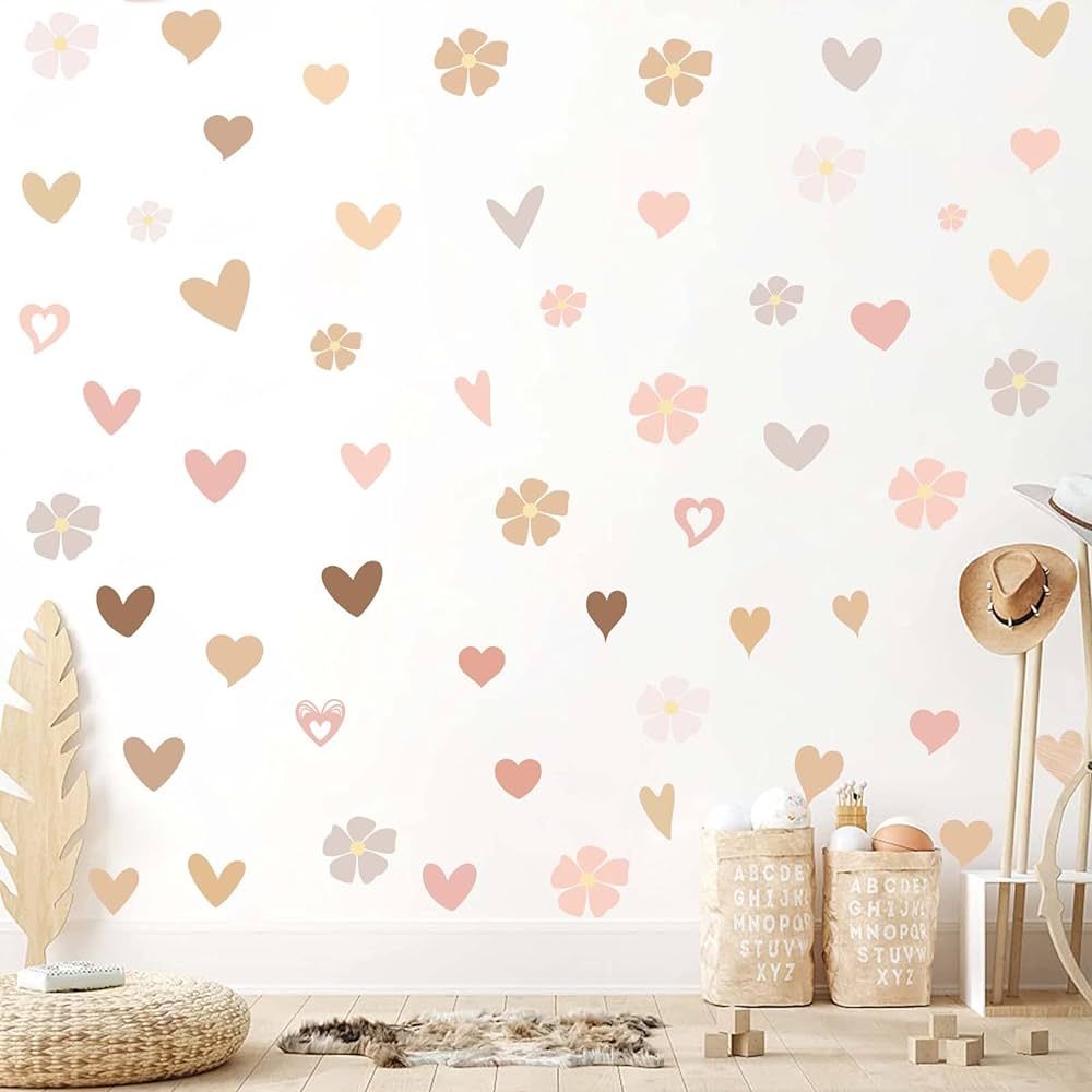 HATARU Colorful Flowers Wall Decals,Pastel Hearts Wall Art Stickers Bedroom Decor Peel and Stick,Pin | Amazon (US)