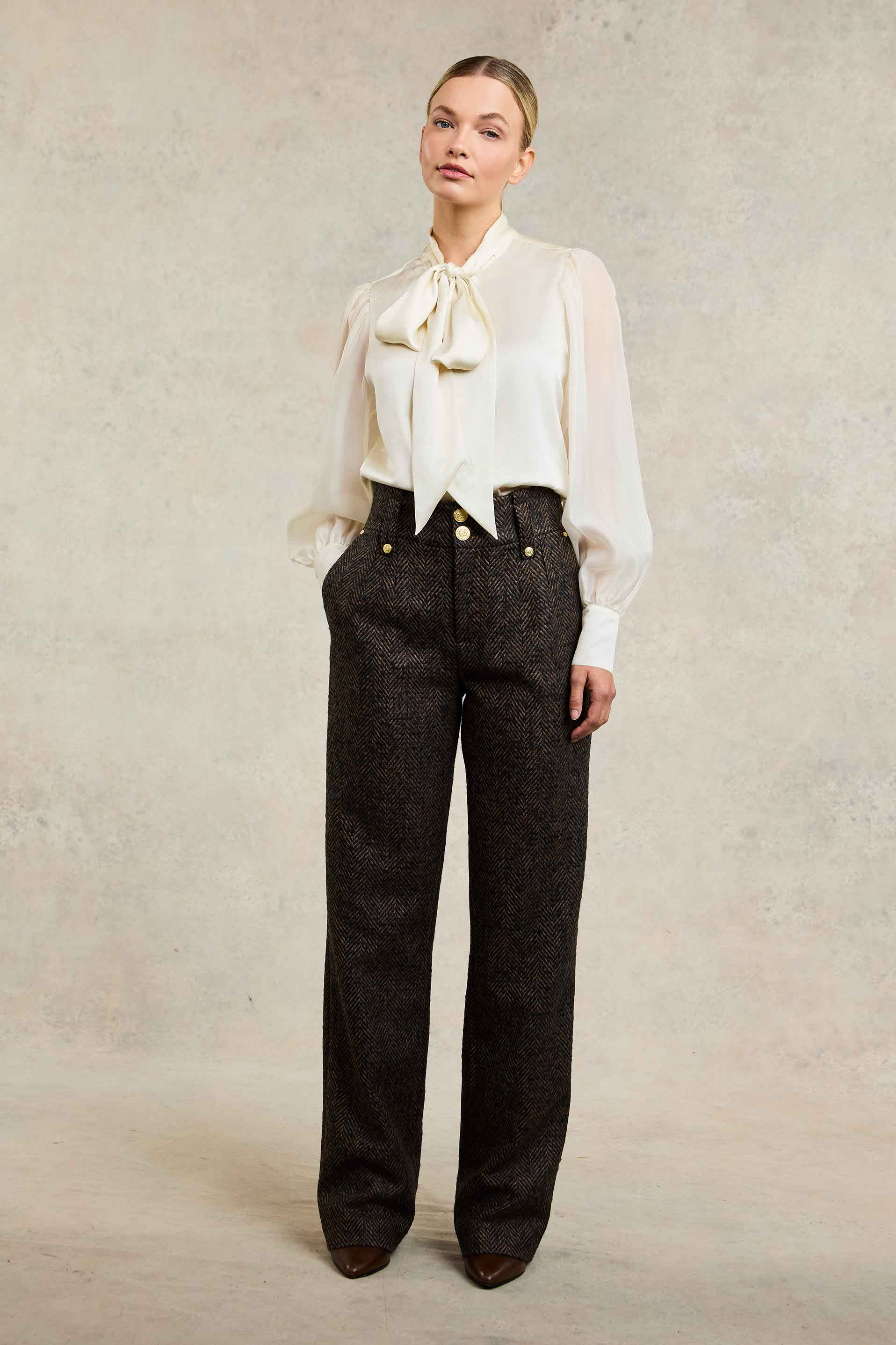 High Waisted Straight Trouser (Walnut Herringbone) | Holland Cooper