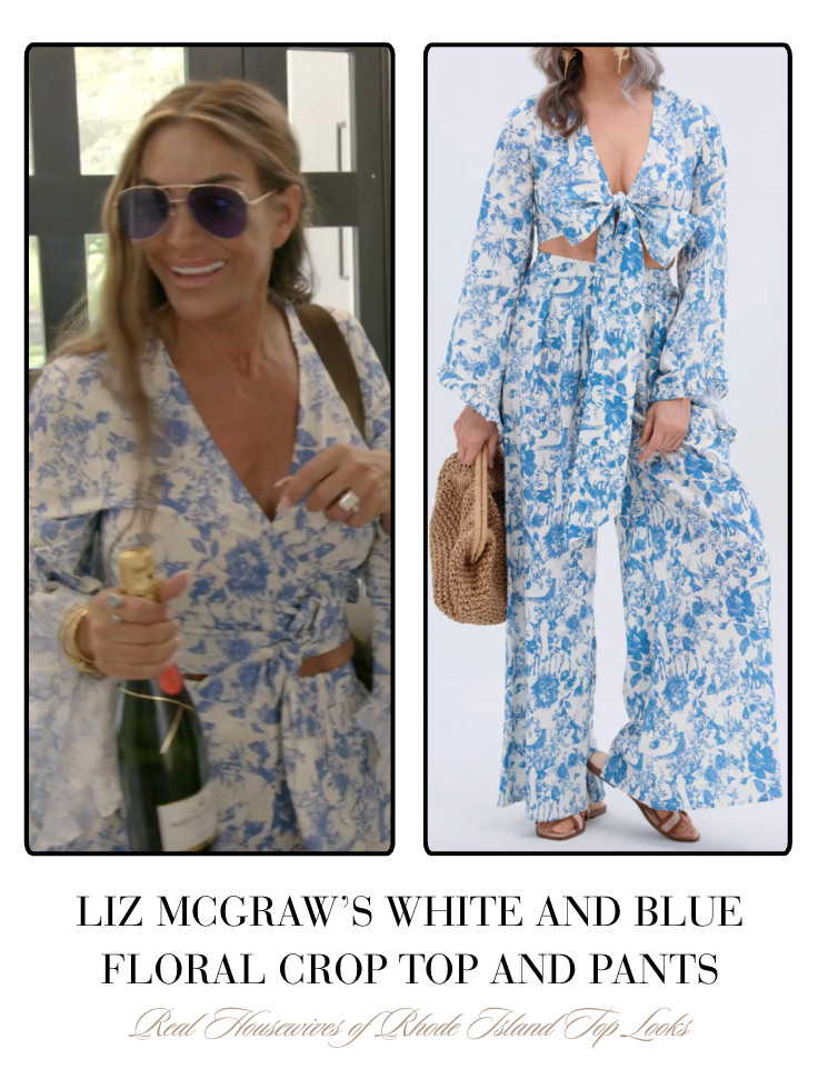 Liz McGraw's White and Blue Floral Crop Top and Pants 

 