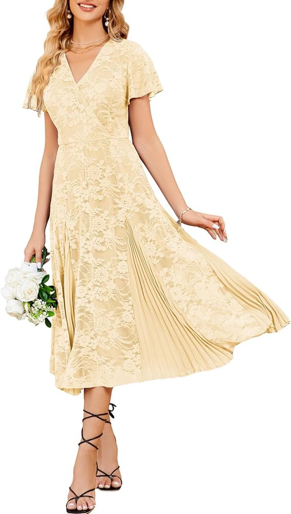JASAMBAC Women's Lace Floral Midi Dresses Short Sleeve V-Neck Pleated A Line Wedding Guest Dress | Amazon (US)
