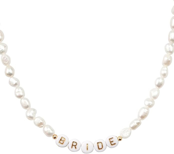 xo, Fetti Bride Freshwater Pearl Beaded Necklace, 14" Choker, Gold Letter Beads Jewelry | Bachelo... | Amazon (US)