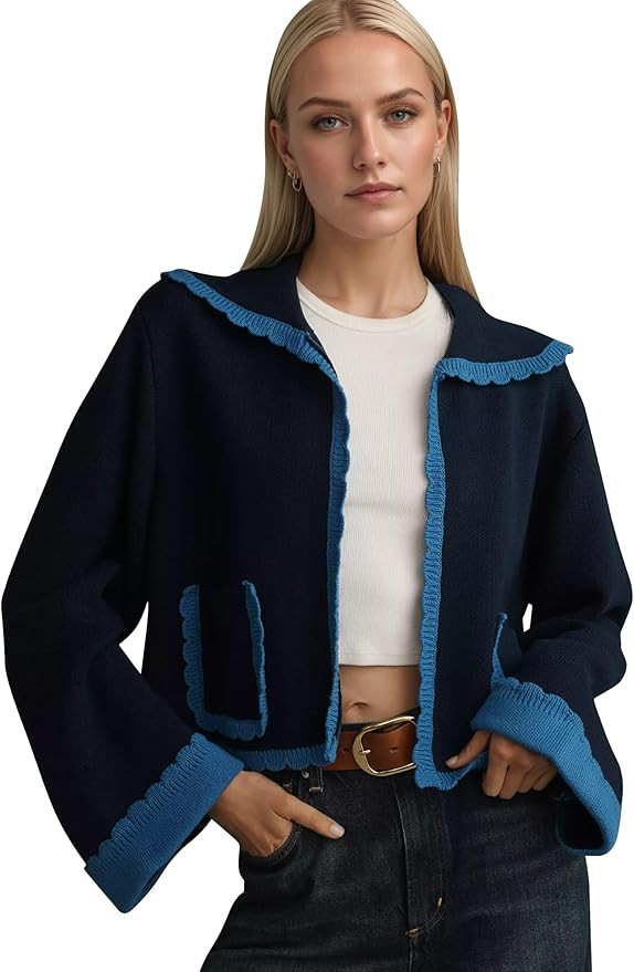 Ythomm Womens Scallop Lapel Collar Knit Cardigan Sweaters Color Block Long Bell Sleeve Open Front... | Amazon (US)