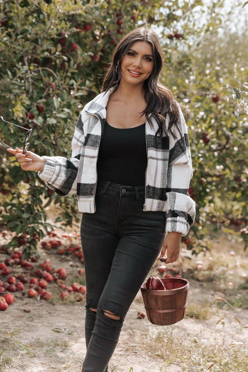 Black Plaid Zip Up Cropped Jacket | Magnolia Boutique | Magnolia Boutique