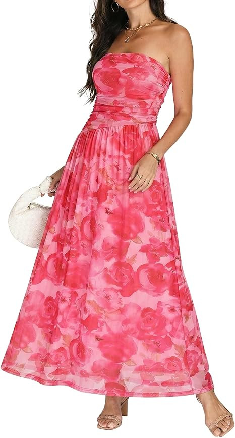 Summer Floral Wedding Guest Maxi Dress for Women Strapless Tube Long Dresses Mesh Flowy Vacation ... | Amazon (US)