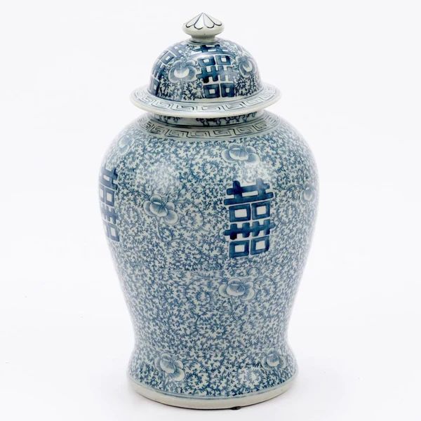 Blue & White Double Happiness Floral Temple Jar | Mintwood Home