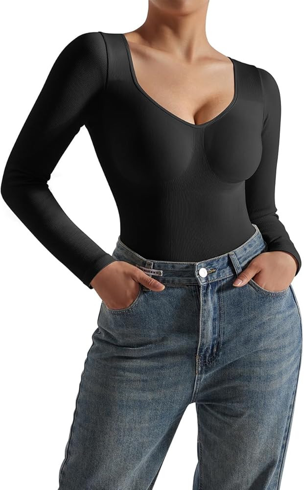 SUUKSESS Sweetheart V Neck Long Sleeve Bodysuit Ribbed Compression Bodysuits | Amazon (US)
