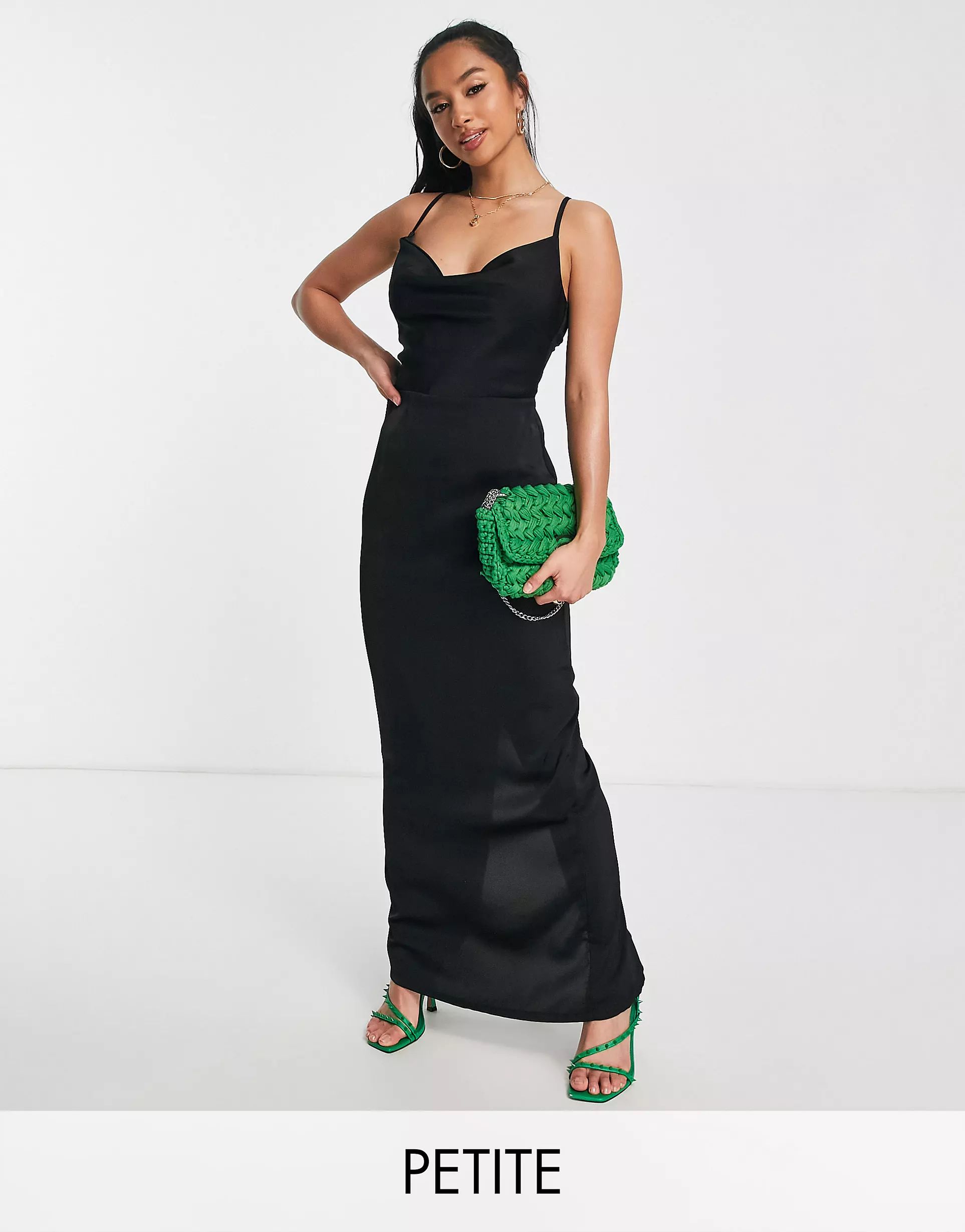 NaaNaa Petite cowl neck satin maxi dress in black | ASOS (Global)