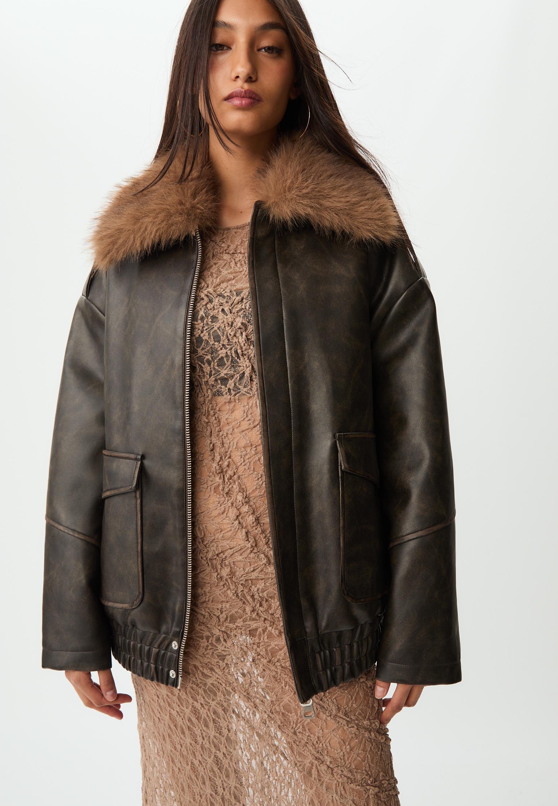 Oversize contrast leather effect jacket - Women's fashion | Stradivarius United Kingdom | Stradivarius (UK)