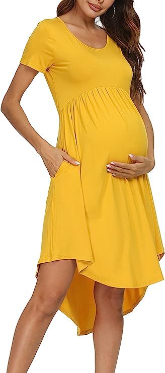 levaca Women's Maternity Empire Waist Loose Swing Pregnancy Casual Midi Dress | Amazon (US)