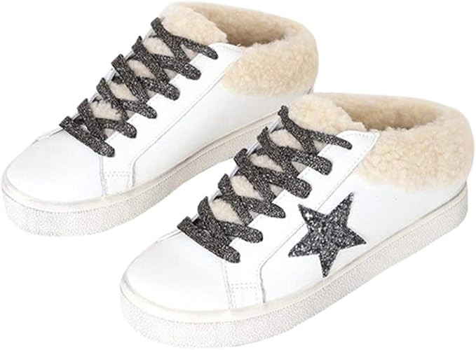 Womens Sherpa Fuzzy Slipper Sneakers Glitter Star Fleece Fluffy Fashion Platform Low Top Lace Up ... | Amazon (US)