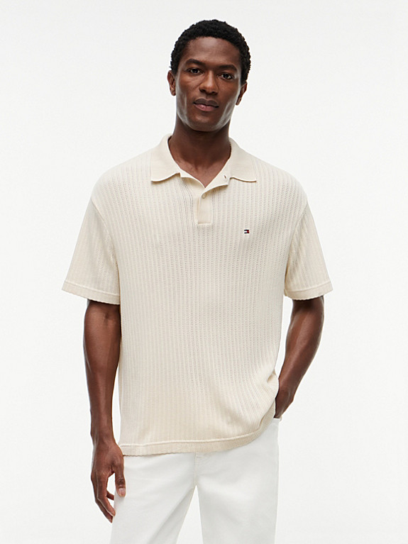 Relaxed Fit Open Knit Polo Shirt | Beige | Tommy Hilfiger | Tommy Hilfiger UK