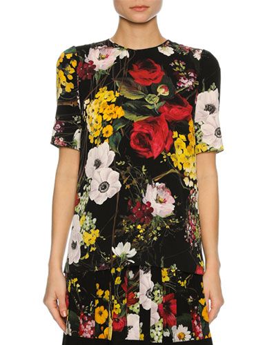 Floral Bouquet Silk Charmeuse T-Shirt, Black | Neiman Marcus