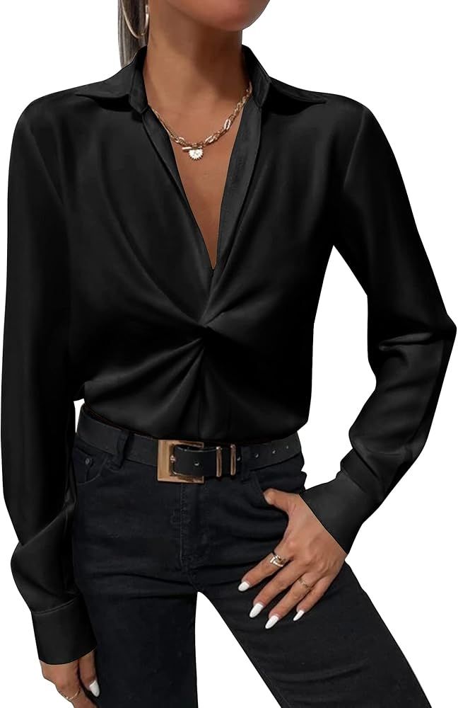 Zeagoo Women's Satin Silk Blouse Tops V Neck Twist Front Shirt Long Sleeve Blouse S-XXL | Amazon (US)