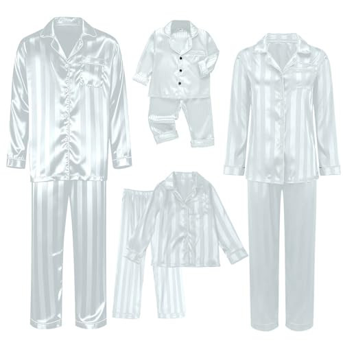 CGGMVCG Family Holiday Outfits Silk Matching Christmas Outfits for Family Striped Button Down Shirt and Pants Silky Satin Xmas Clothes Sets for Pictures (White, 2-3) | Amazon (US)