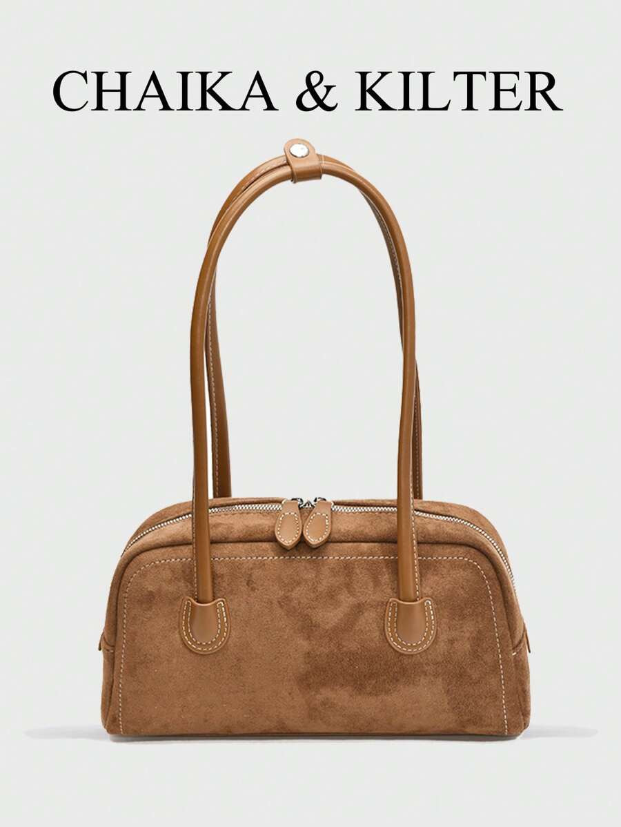 1pc CHAIKA & KILTER Women's Retro Fashion Suede Fabric Shoulder Bag, Contrast Stitching, Dual Han... | SHEIN