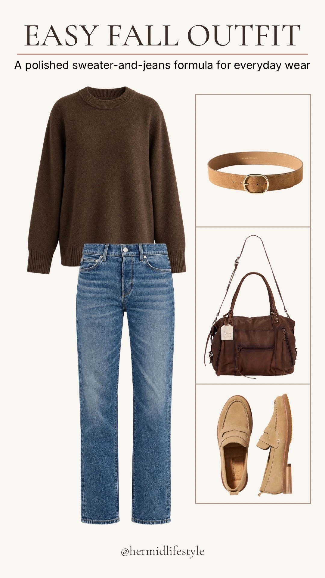 This chocolate brown sweater and straight-leg jeans make such an easy fall outfit. I love how the cognac belt, leather bag, and loafers add warmth while keeping the whole look simple and polished.

#LTKootd #LTKOver40 #LTKSeasonal