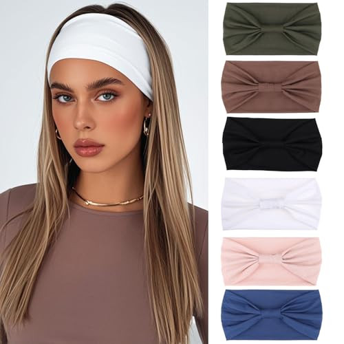 XTREND Wide Headbands Knotted Head Wraps Non Slip Stretch Headband Women's Hair Thin Headbands Turban Sports Hairband Girls Head Bands Accessories 6 Pcs（Army Green, Coffee, Black, White, Pink, Blue） | Amazon (US)