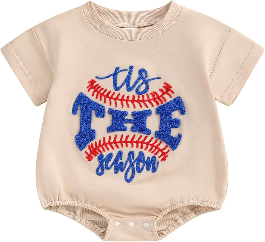 Baby Boy Girl Baseball Outfit Tis The Season Embroidery T-Shirt Romper Oversized Short Sleeve Bub... | Amazon (US)