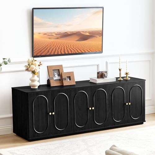 63'' Fluted Sideboard Buffet Cabinet with Storage and 6 Doors, Low Storage Cabinet Modern Wooden Accent Credenza Console Table for Kitchen Dining Living Room Entryway, (63"W*15.75"D*21.4"H) Black | Amazon (US)