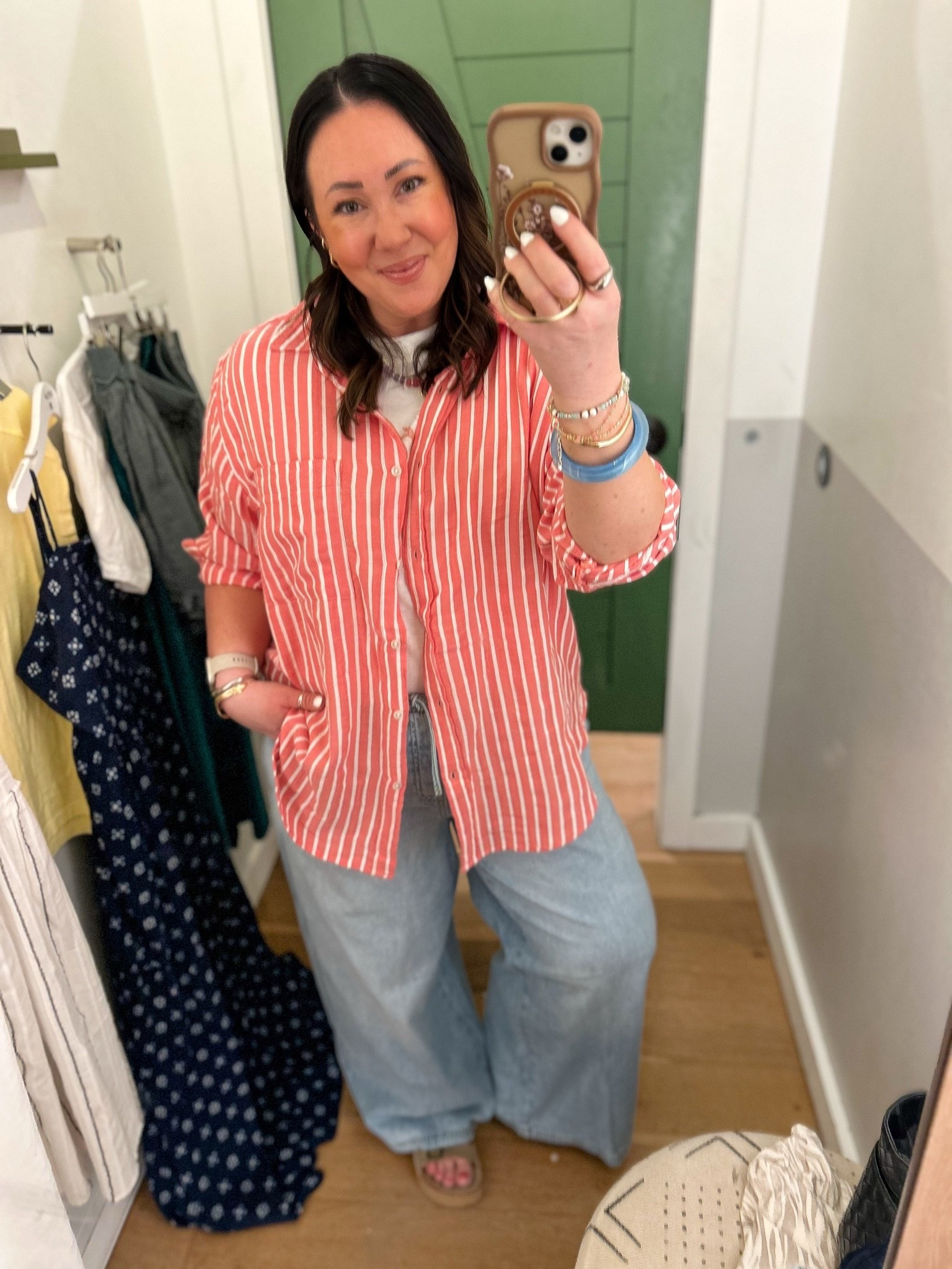 @Aerie  try-on! Large buttons top. Made of the comfiest gauze like material. Large tee. Large pull on jeans. The

#LTKmomlife #LTKOver40 #LTKSaleAlert