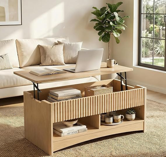 Marsail Lift Top Coffee Table with Open & Hidden Storage, Modern Fluted Coffee Table with Smooth ... | Amazon (US)