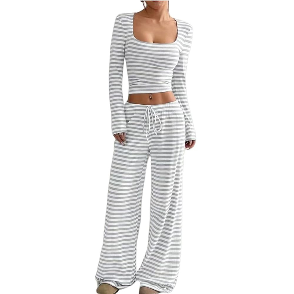 Womens Striped Set 2 Piece Knit Set Square Neck Cropped Tops Wide Leg Pants Lounge Outfits Pajama... | Amazon (US)
