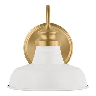 Hampton Bay Elmcroft 7.63 in. 1-Light Brushed Gold Farmhouse Wall Sconce with Designer White Meta... | The Home Depot