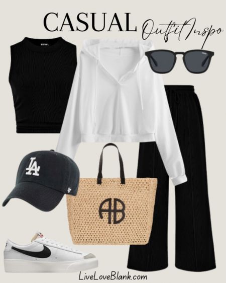 Casual everyday outfit idea
Travel outfit idea 
Trending fashion 
Anine Bing tote save 20% with code HAPPY20
Nike sneakers 
Quay sunglasses BOGO free
#ltku

#LTKstyletip #LTKtravel #LTKover40