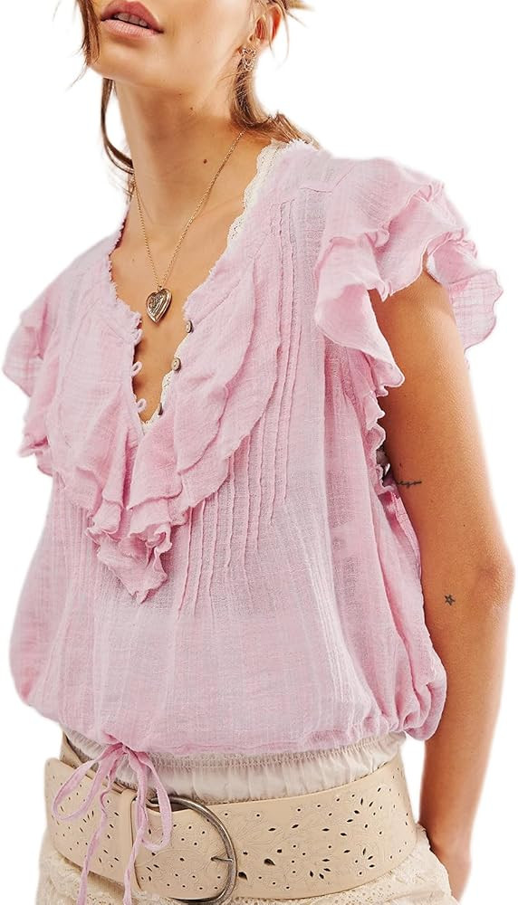 Women Summer Cute Button Shirt Y2K Low Cut V-Neck Short Sleeve Ruffle Trim Blouse Top Y2K Going O... | Amazon (US)