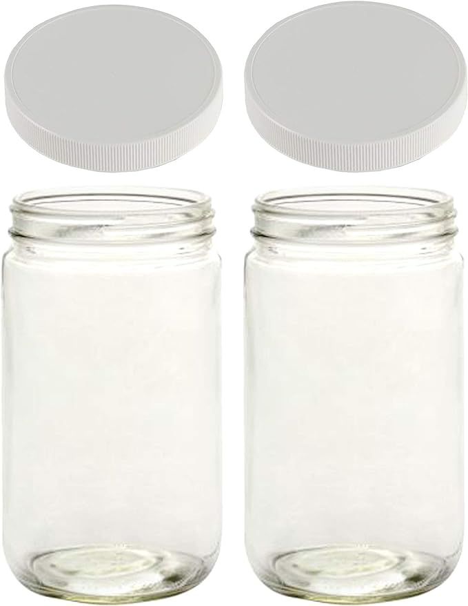 Glass Mason Jars with Lids - Extra Wide Mouth Mason Jar 32 oz - 2 (BPA Free) Plastic Mason Jar Li... | Amazon (US)