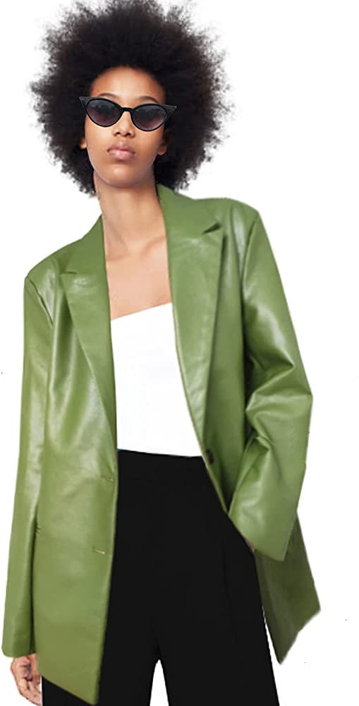 MJORI Women's Oversized Faux Leather Long Blazer Jackets PU Lapel Outerwear with Pocket | Amazon (US)