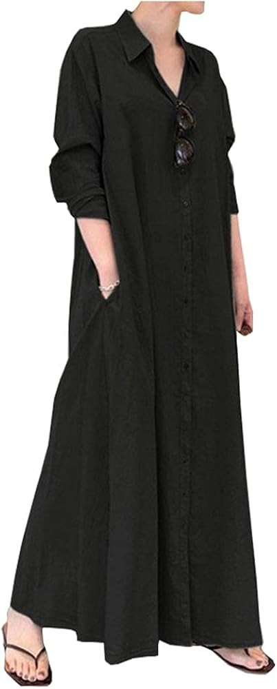 Ladyful Women's Cotton Linen Maxi Shirt Dress Long Sleeve Button Down Shirtdress Beach Summer Dre... | Amazon (US)