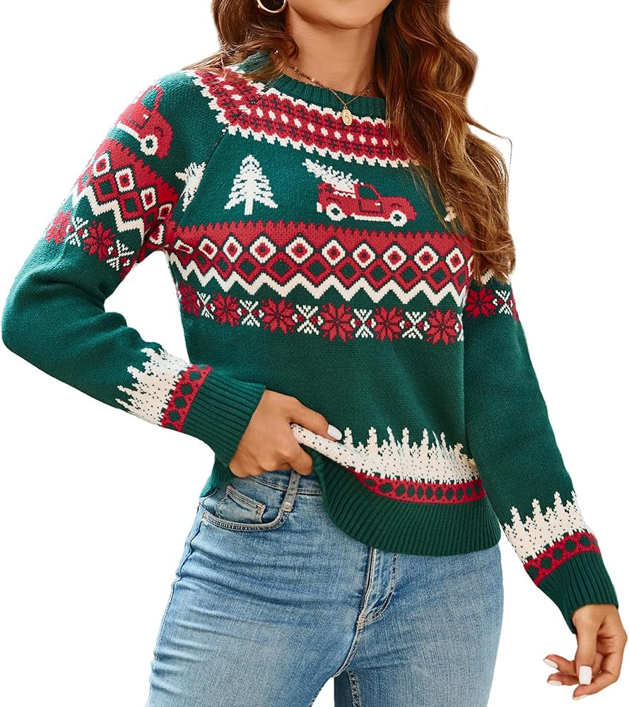 ZAFUL Women's Christmas Cedar Snowflake Trucks Patterns Knitted Sweater Long Sleeve Floral Printe... | Amazon (US)