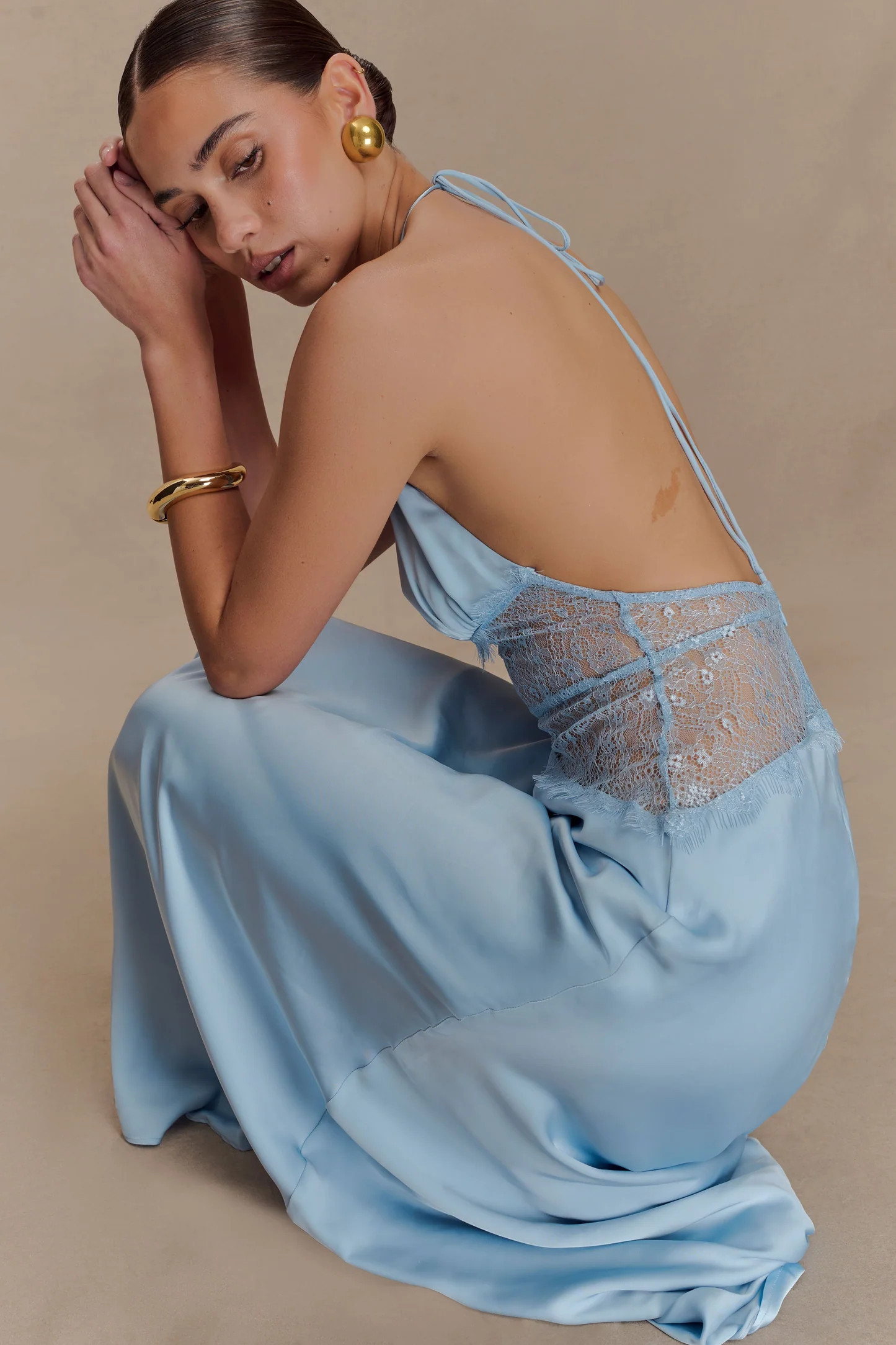 Dinah Lace And Satin Maxi Dress - Cornflower Blue | Meshki UK