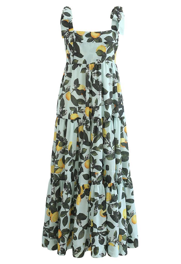 Minty Lemon Printed Tie-Strap Maxi Dress | Chicwish