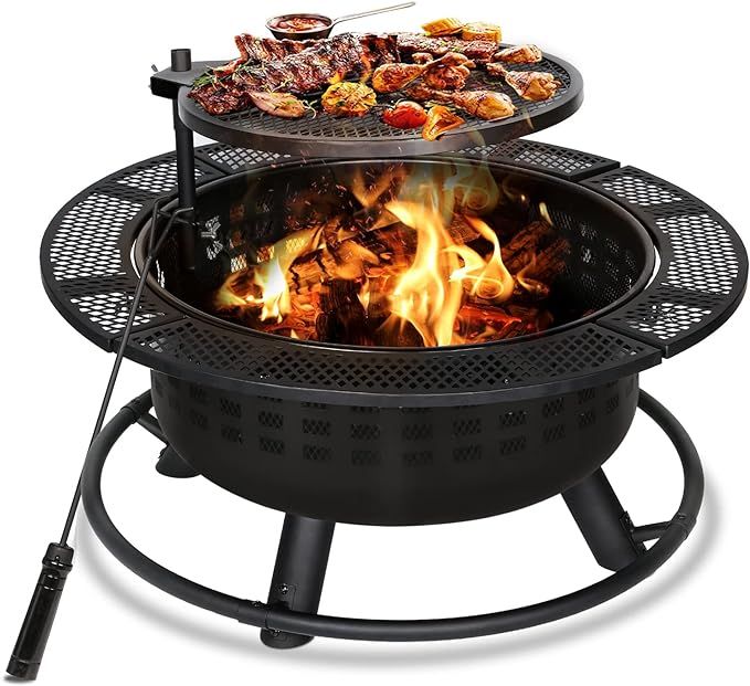 Hykolity 2 in 1 Fire Pit with Swivel Cooking Grill, 32" Heavy Duty Wood Burning Fire Pit Outdoor ... | Amazon (US)