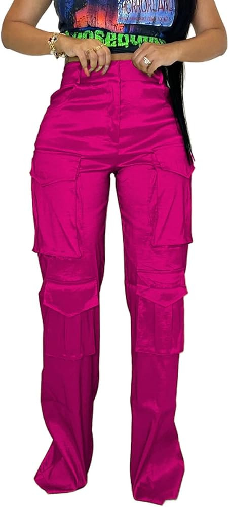 ThusFar Satin Cargo Pants for Women High Waist Multiple Pockets Stretchy Wide Leg Y2k Streetwear... | Amazon (US)