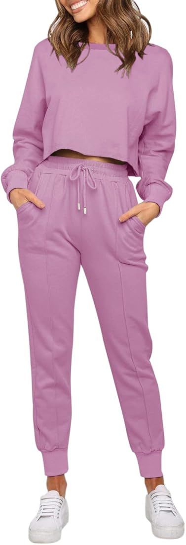 ZESICA Women's Long Sleeve Crop Top and Pants Pajama Sets 2 Piece Jogger Long Sleepwear Loungewea... | Amazon (US)