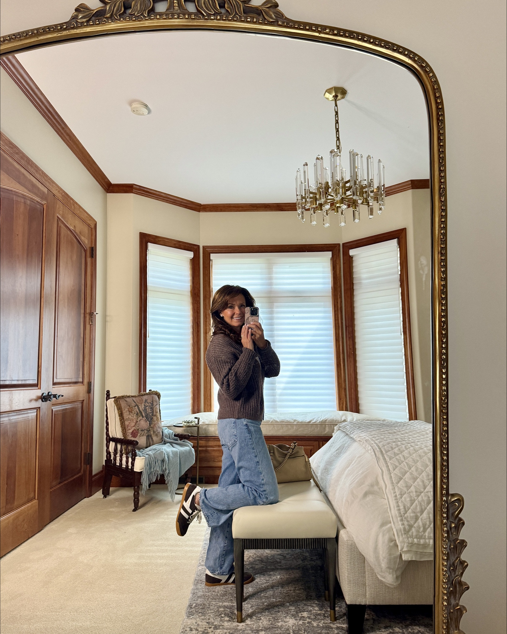 🍁Fall outfit of the day. 
🤎Brown suede sneakers
👖Wide leg denim
🤎Chocolate sweater
👜Leather purse
kimbentley, casual outfit, home decor

#LTKPetite #LTKSeasonal #LTKShoeCrush