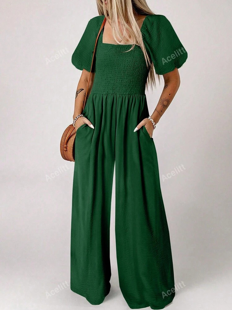 Acelitt Women Solid Color Minimalist Daily Square Neck Jumpsuit, Loose Fit, Short Sleeve | SHEIN